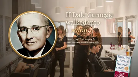 A portrait of Dale Carnegie alongside a softly lit salon scene with stylists working, his 1936 book How to Win Friends and Influence People in the foreground