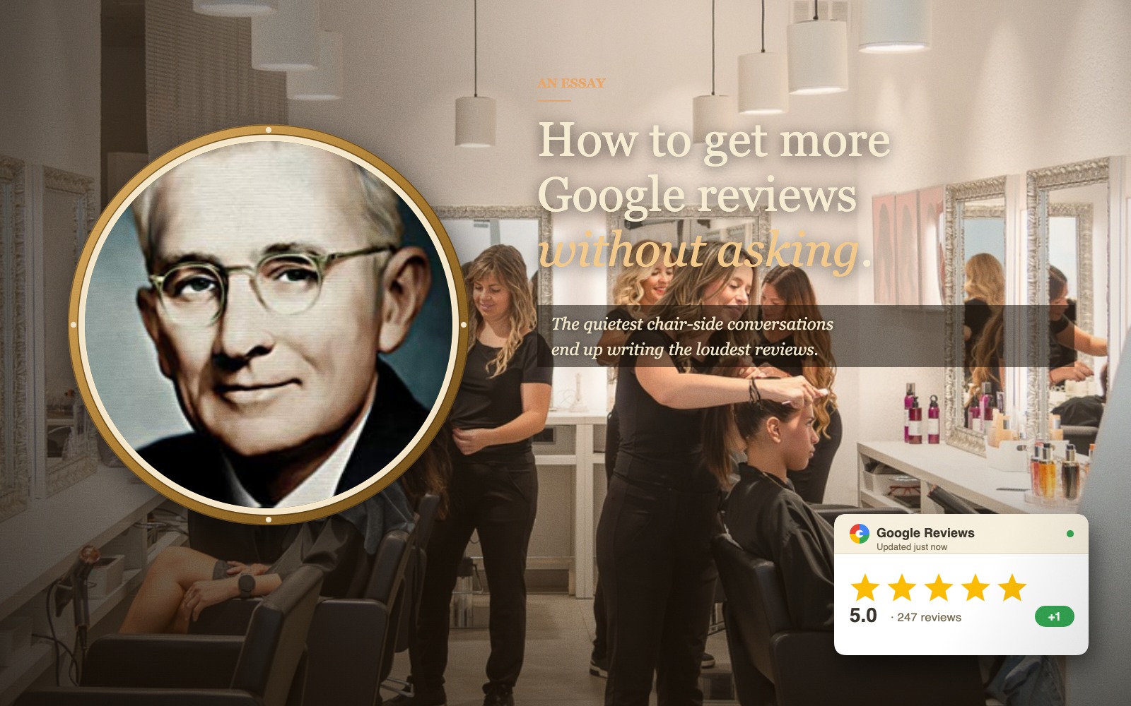 A portrait of Dale Carnegie alongside a softly lit modern salon scene, with a Google Reviews card showing a five star rating from 247 reviews in the foreground