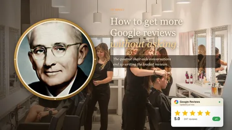 A portrait of Dale Carnegie alongside a softly lit modern salon scene, with a Google Reviews card showing a five star rating from 247 reviews in the foreground