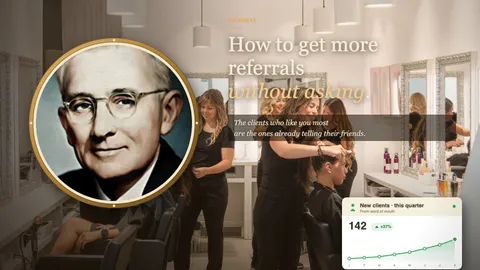 A portrait of Dale Carnegie alongside a softly lit modern salon scene, with a chart in the foreground showing 142 new clients from word of mouth this quarter, up 37%